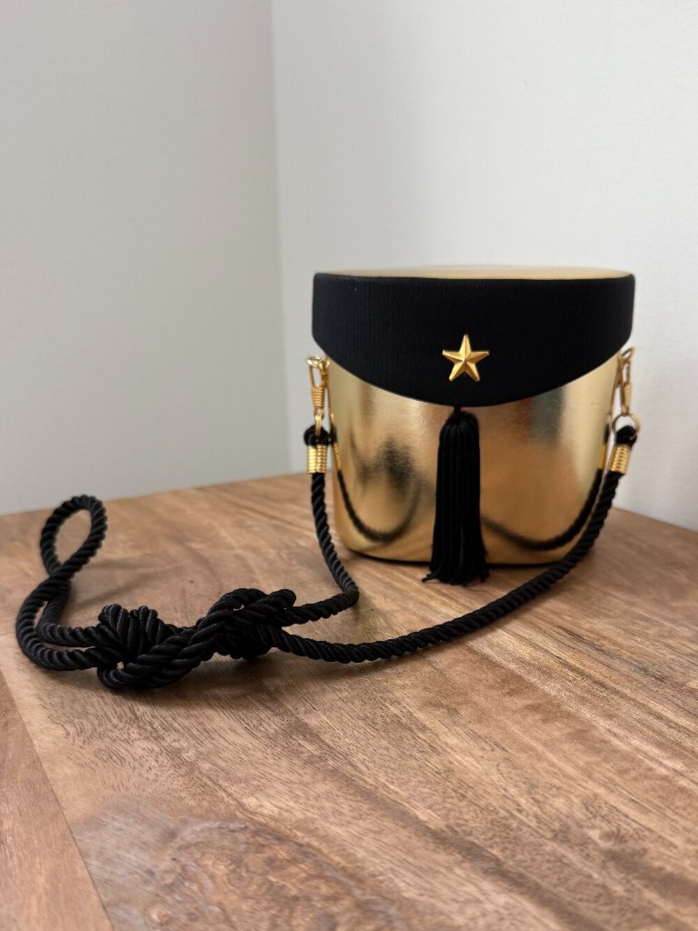 Vintage BOB MACKIE Gold Hard Shell Oval Box Bag Black Fabric Star Tassel